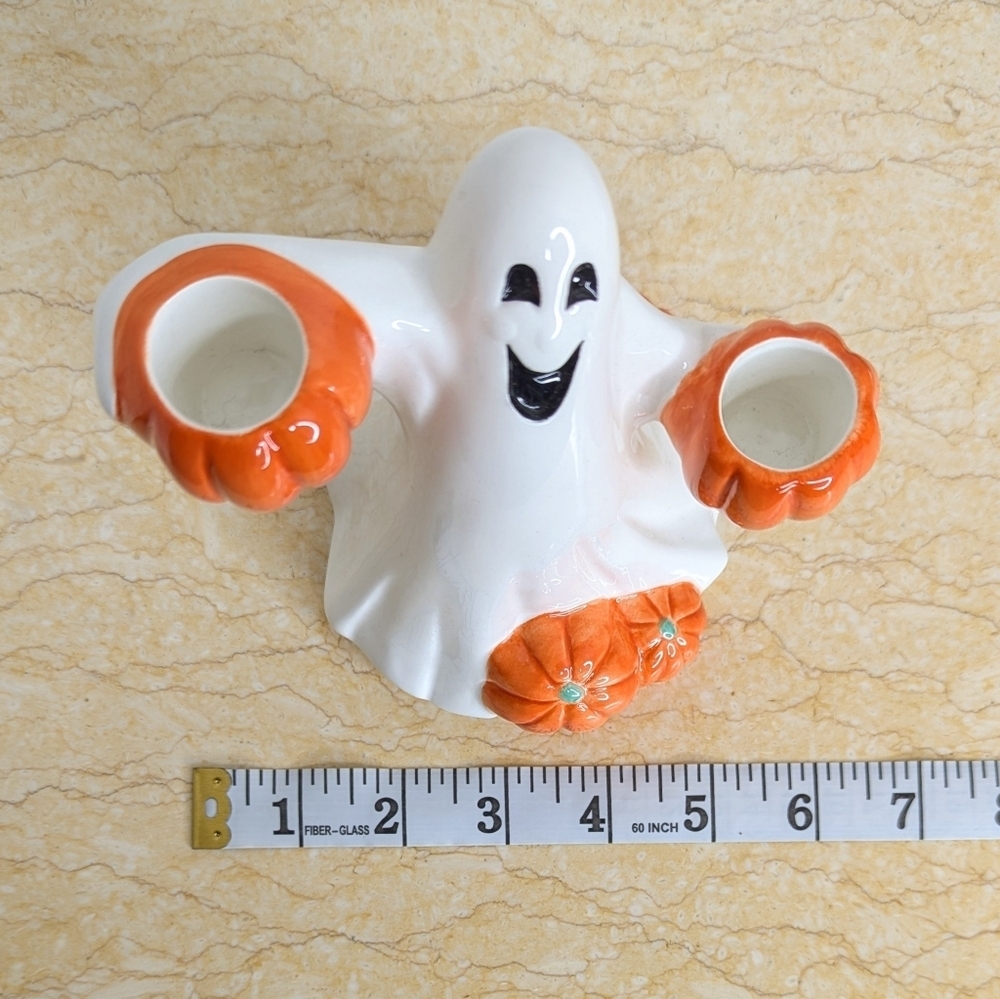 Vintage Fitz & Floyd Halloween Pair Ceramic Candle Holder Ghost Pumpkin Figurine - Picture 12 of 15